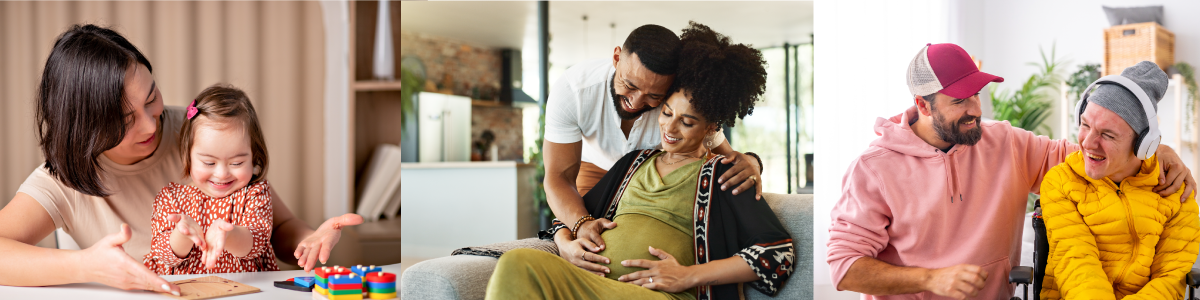 woman with little girl with down syndrome, pregnant woman and partner, man with special needs