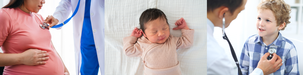 image of pregnant person, newborn baby sleeping, and young child having heart checked