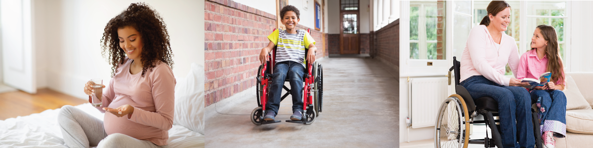 image of pregnant person, child in wheelchair, and adult in wheelchair with young child
