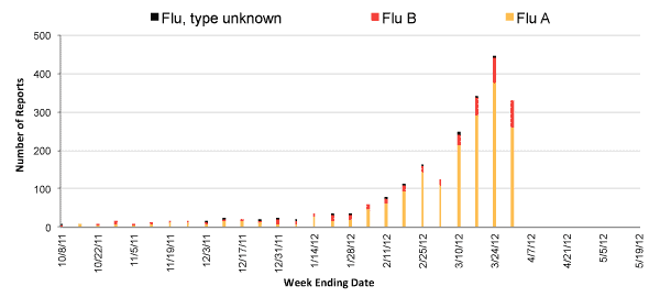 Follow this link to view a table of all positive flu reports (season to date, by week)
