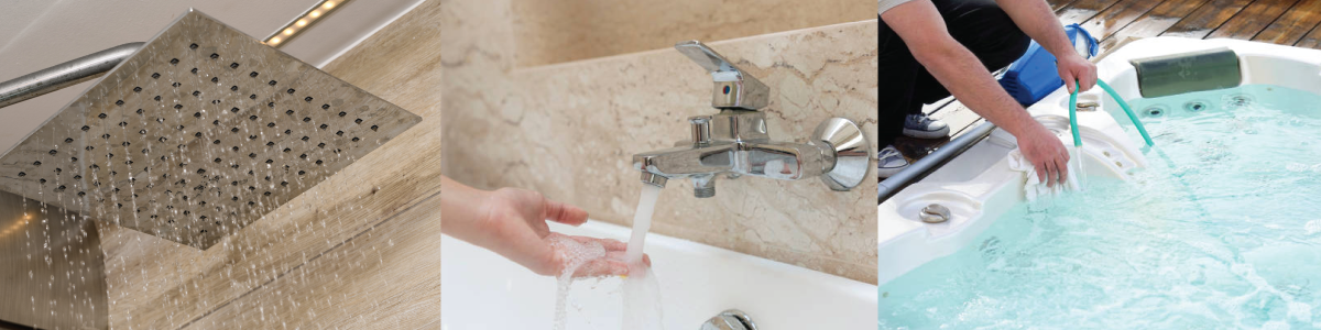 Images of a faucet and hot tubs.