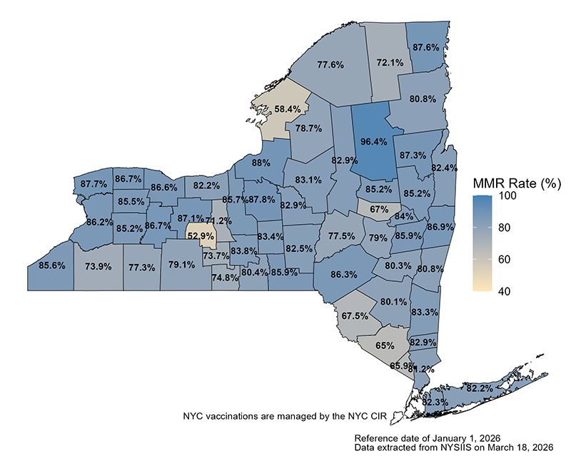 MMR vaccination rates by couty. Text version available in the table below