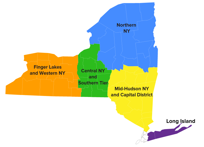 NY State map showing study regions and timeline of recruitment