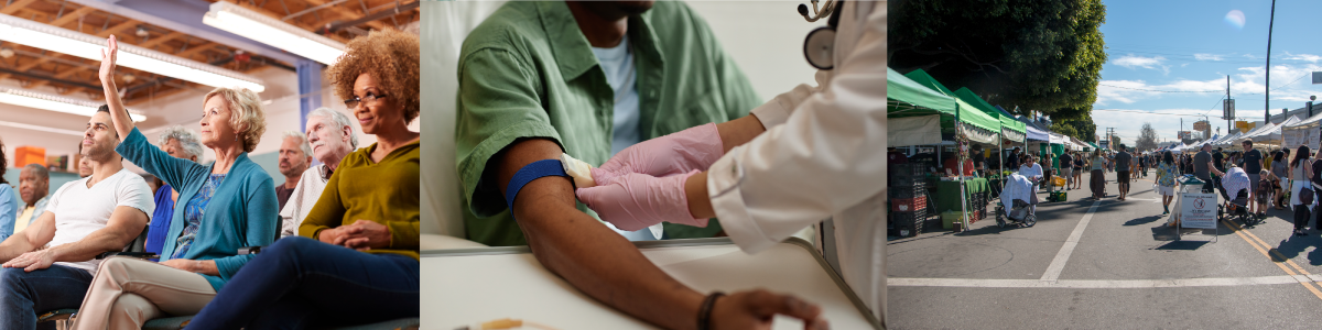 people waiting, man getting blood drawn, farmers market