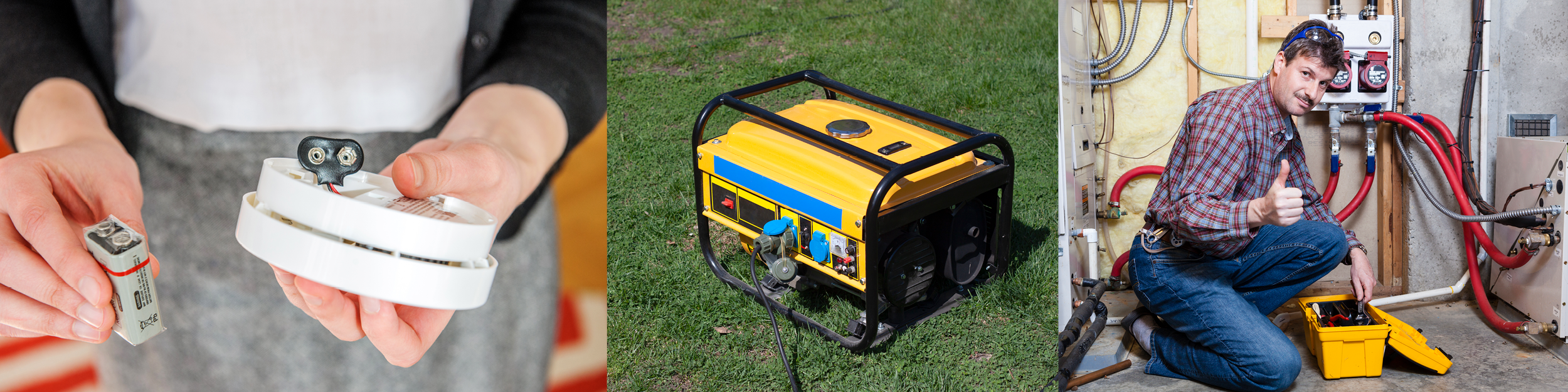 images of carbon monoxide alarm, heating system check, and generator outdoors