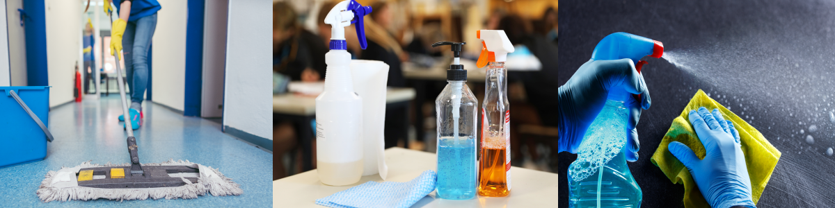 Three photos showing cleaning chemicals in schools