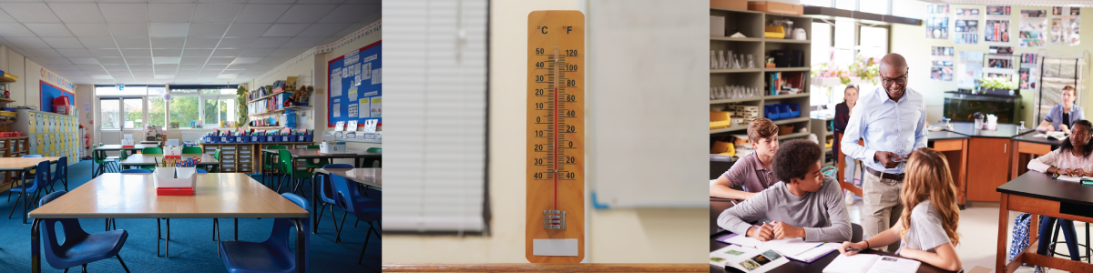 Three photos showing an empty classroom, thermometer, and a middle school classroom with a teacher and students