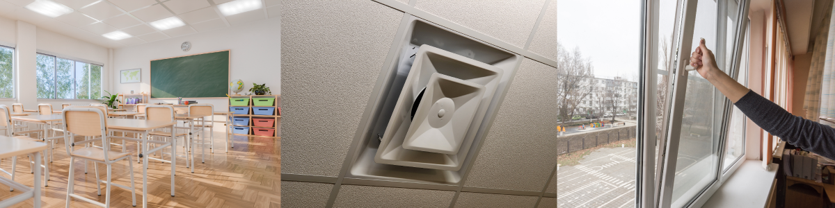 Three photos showing school air vents and air quality inspections