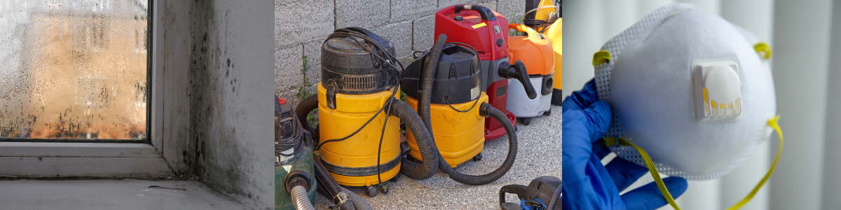 Three photos showing mold and cleaning equipment