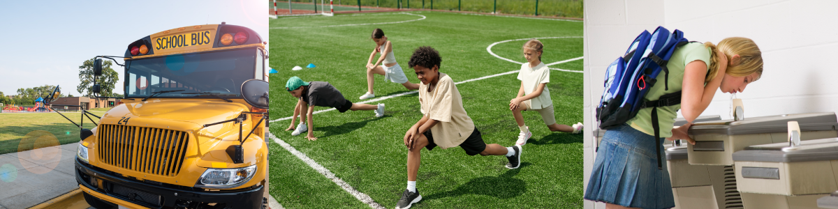 school bus, children playing on turf field, girl drinking from water fountain