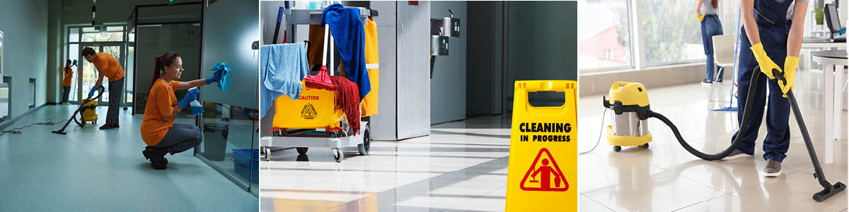 image of bathroom, products and cleaning sign