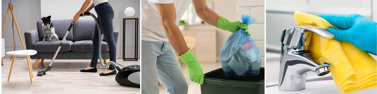 image of vacuuming, garbage disposal and cleaning sink