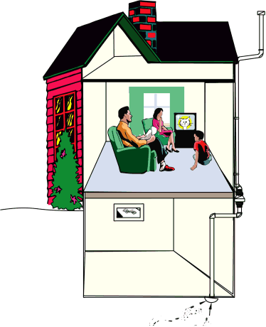 house showing sealed foundation cracks and installed ventilation system in which the system captures soil gas before entering the building