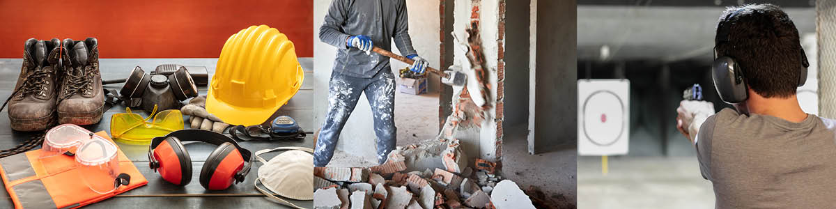 images of protective equipment, demolition and shooting range