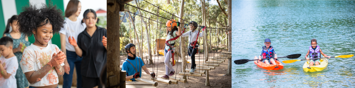 kids on ropes course with instructor, two young boys kayaking, campers with camp counselor