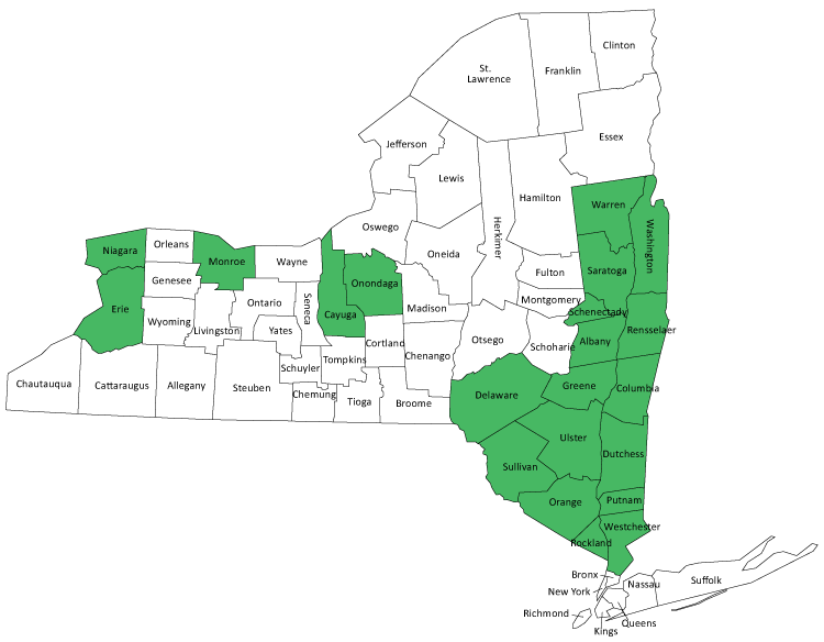 Map of New York State showing available county level maps from drop down menu.