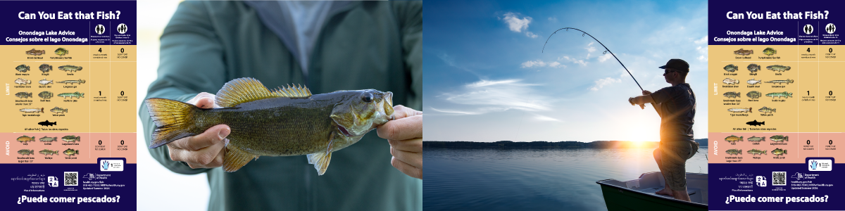 person holding a smallmouth bass, another fishing from a boat in the lake, onondaga lake sign on the left and right side of the screen