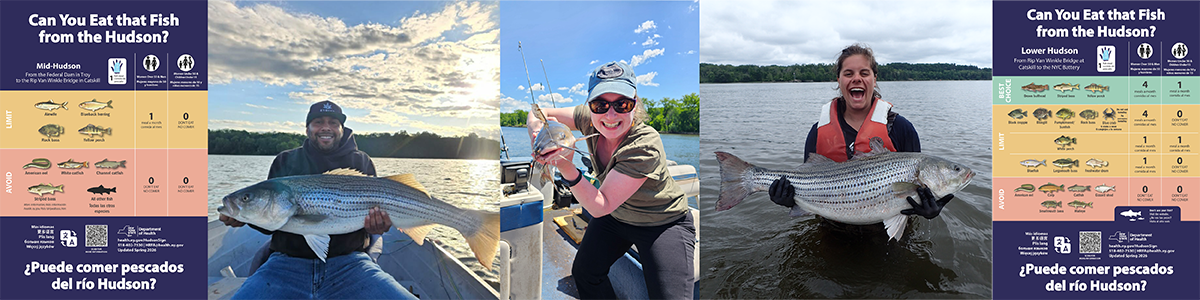 one woman holding a catfish, another holding a striped bass, hudson river sign in the middle