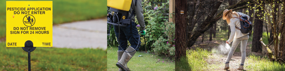 pesticide sign, person spraying pesticide outside, woman applying bug spray