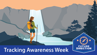 Illustration of hiker looking out at mountain and waterfall