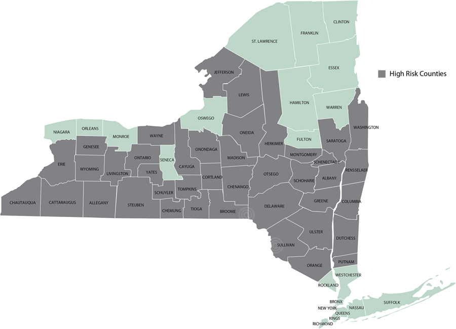 map of New York Counties with high radon levels