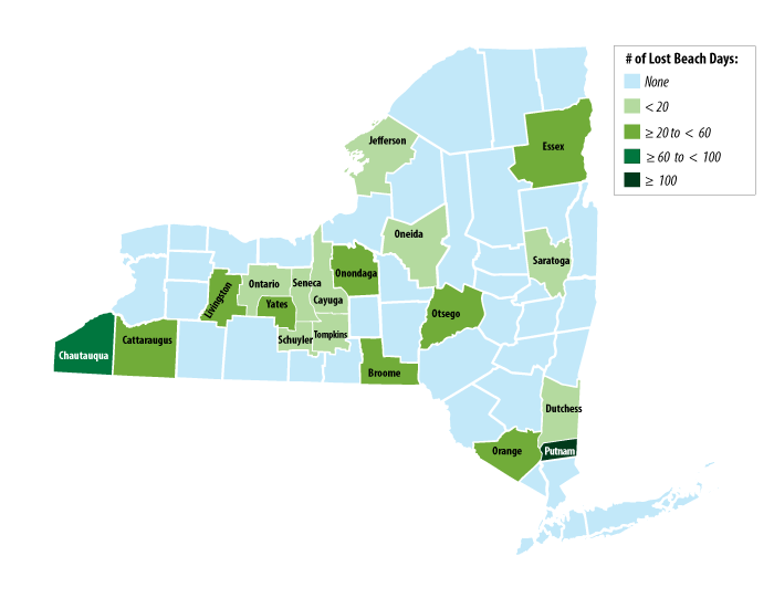 Map of counties with lost beach days due to harmful blue-green algal blooms