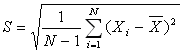 S equals the square root of the following quantity: 1 divided by N minus 1, multiplied by the sum over all i from 1 to N of the square of the quantity X sub i minus the average replicate value