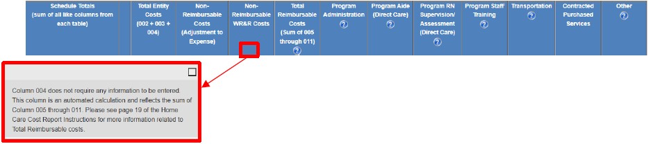 table showing column 4 does not require any information to be entered