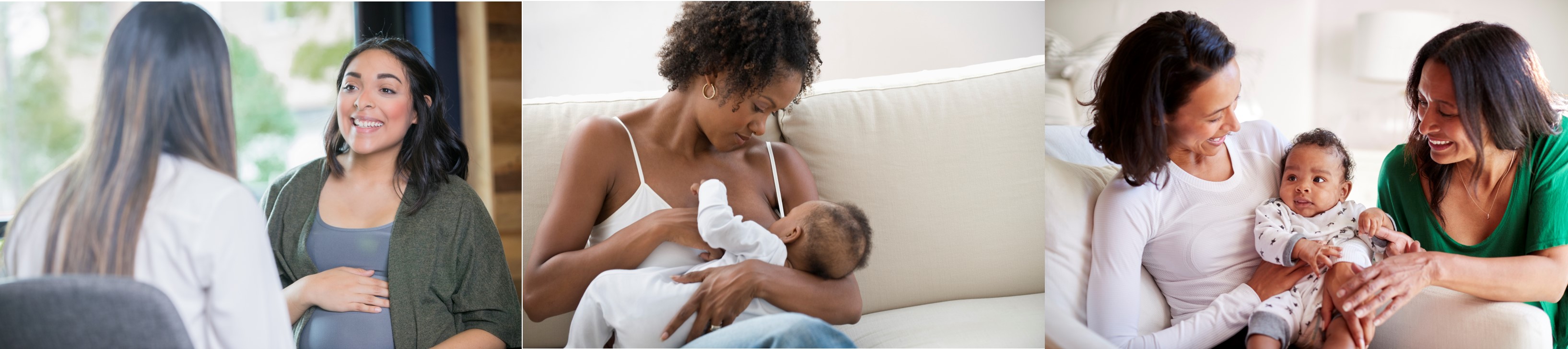 3 images: pregnant woman, patient holding someones hand, a mother breast feeding her child