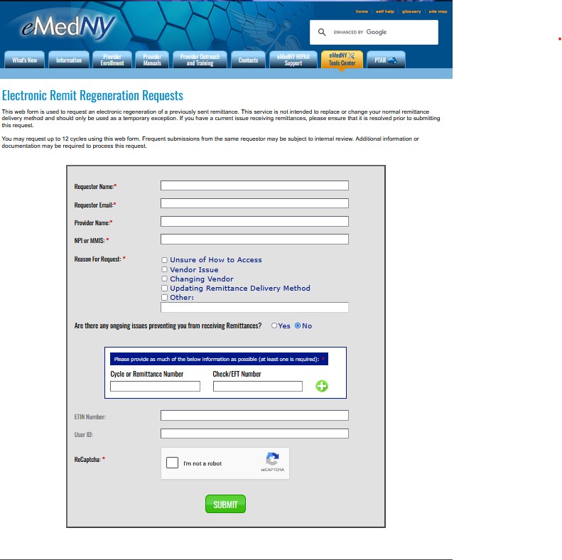 Screenshot of eMedNYs electronic remit regeneration requests.