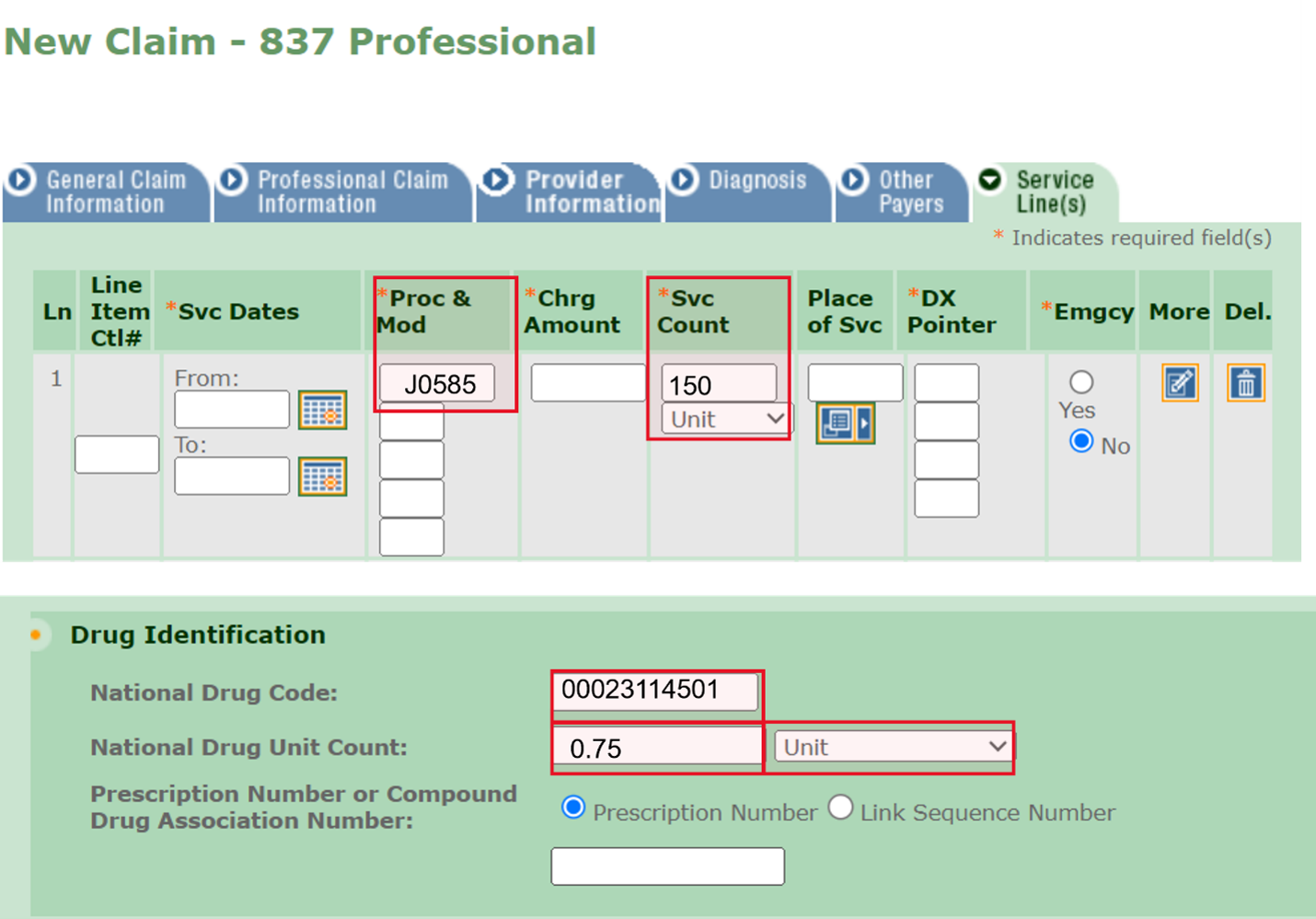 Screenshot of a new claim in the Electronic Claim system 1