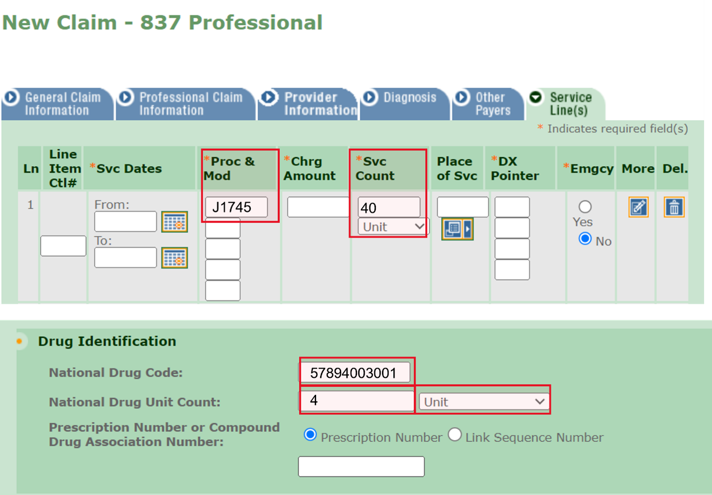 Screenshot of a new claim in the Electronic Claim system 2