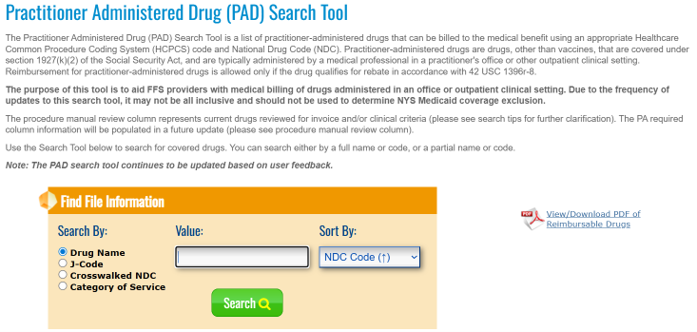 Screen shot of the Practitioner Administered Drug (PAD) Search Tool website