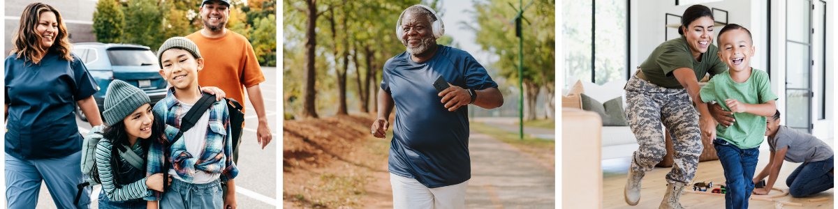 3 pictures: 1st: 2 children and 2adults walking, 2nd: adult black male jogging, 3rd: an adult and a child playing