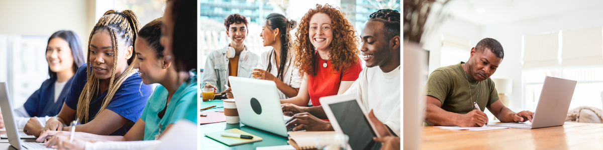 3 images: student learning, student raising hand, student smiling in group