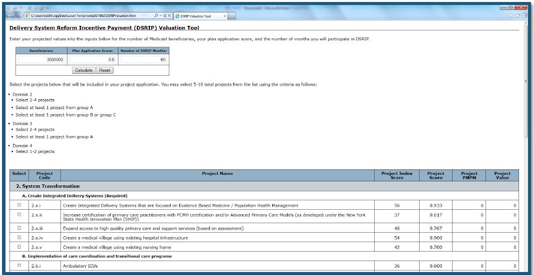 DSRIP ONLINE VALUATION TOOL