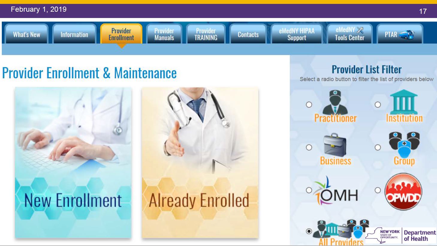 Provider Enrollment and Maintenance home page