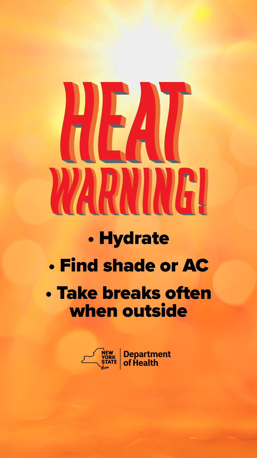 Heat waraning! Hydrate, find shade or AC, take breaks often when outside.