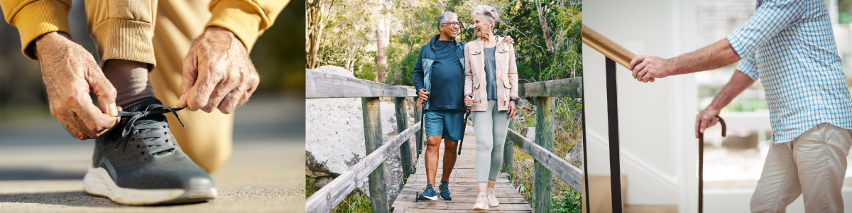 older man tying sneaker, older couple going for a walk in the woods, man holding stair railing