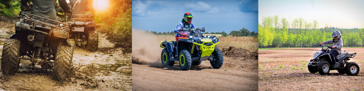 atv going through mud, adult riding atv, child riding atv