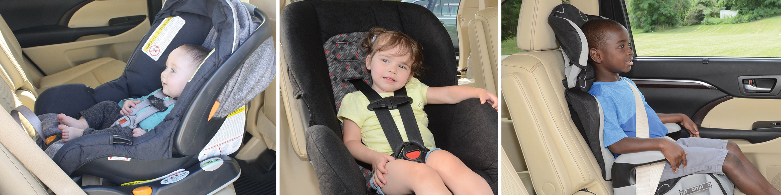 images of infant carseat, booster, and seatbelts