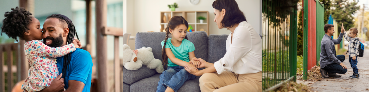girl hugging father, mother and daughter sitting on couch, father and young son high fiving