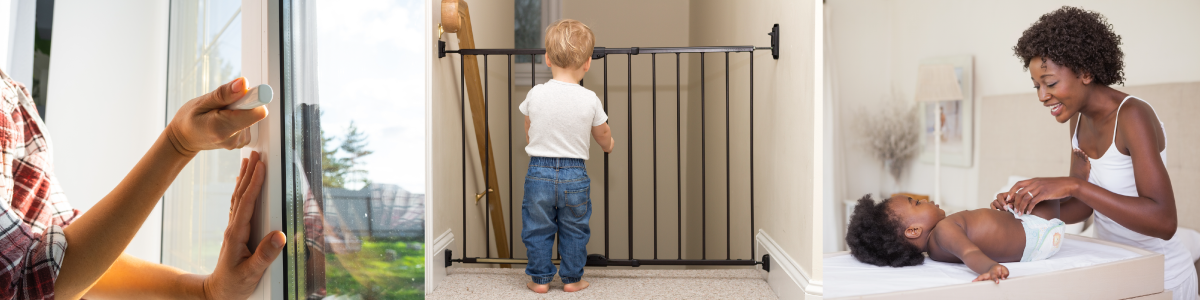 adult locking a windo, young child by baby gate, woman changing baby's diaper