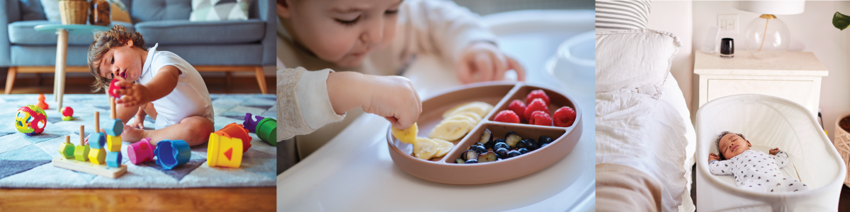child playing with toys, child eating cut fruit, child sleeping in crib