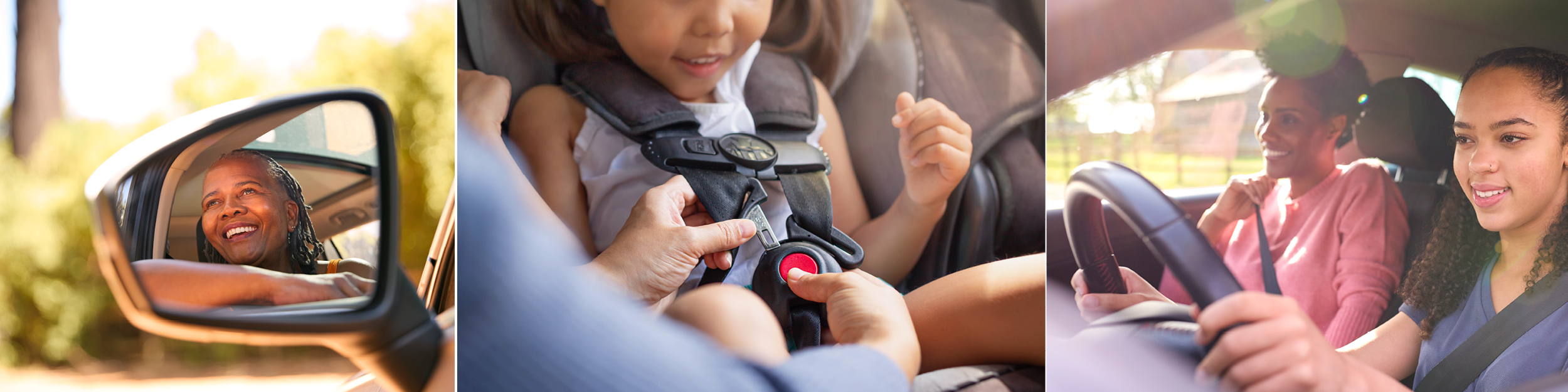 Images of older driver, child in carseat, and younger driver.