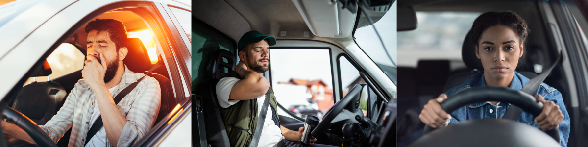 yawning truck driver, driver with coffee, tired driver