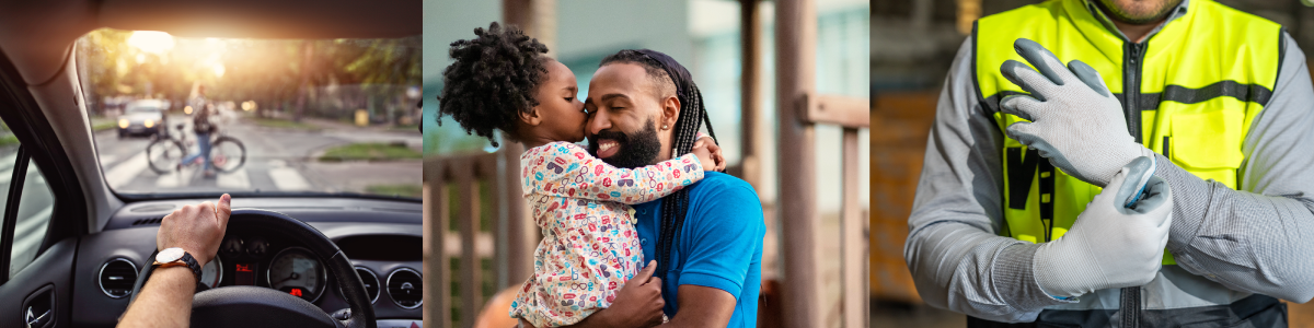driver stopped at crosswalk, father and daughter, worker putting on safety gloves