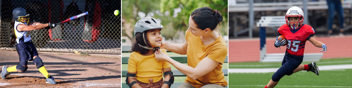 Three images of children playing sports with eye protection