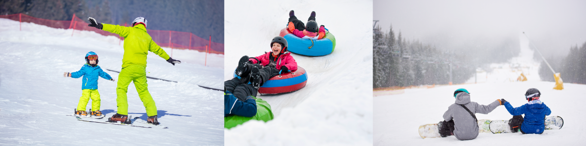 child and ski instructor, children snow tubing with helmets on, two snowboarders with helmets on mountain