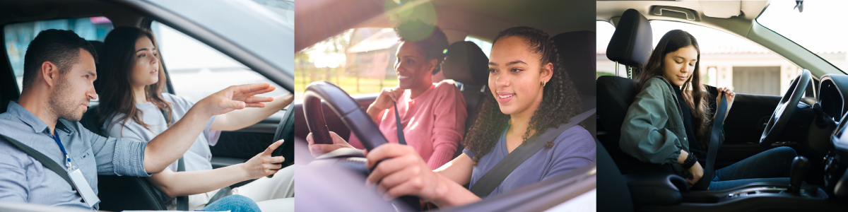 driver instructor in car with teen, teen driving with parent, teen buckling up in the driver's seat